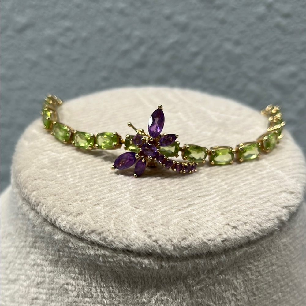 Peridot and amethyst dragonfly 14K Gold Bracelet, EUC